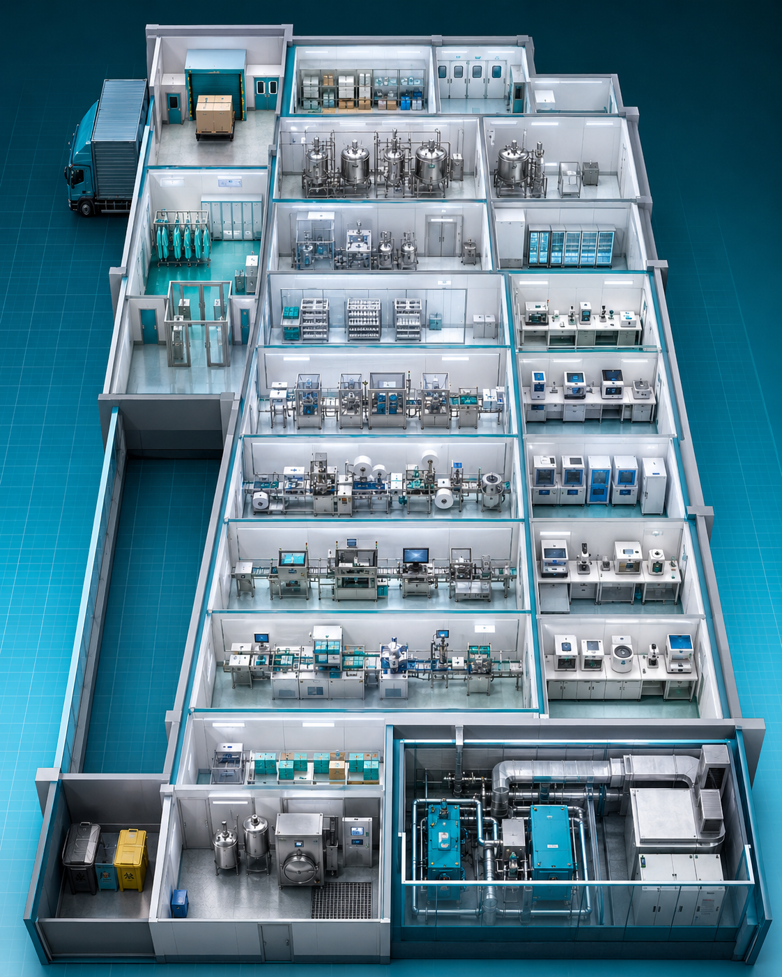 Isometric architectural layout concept for a blood grouping gel-card factory with segregated gel preparation, reagent-cell processing, filling, sealing, quality control and cold storage zones