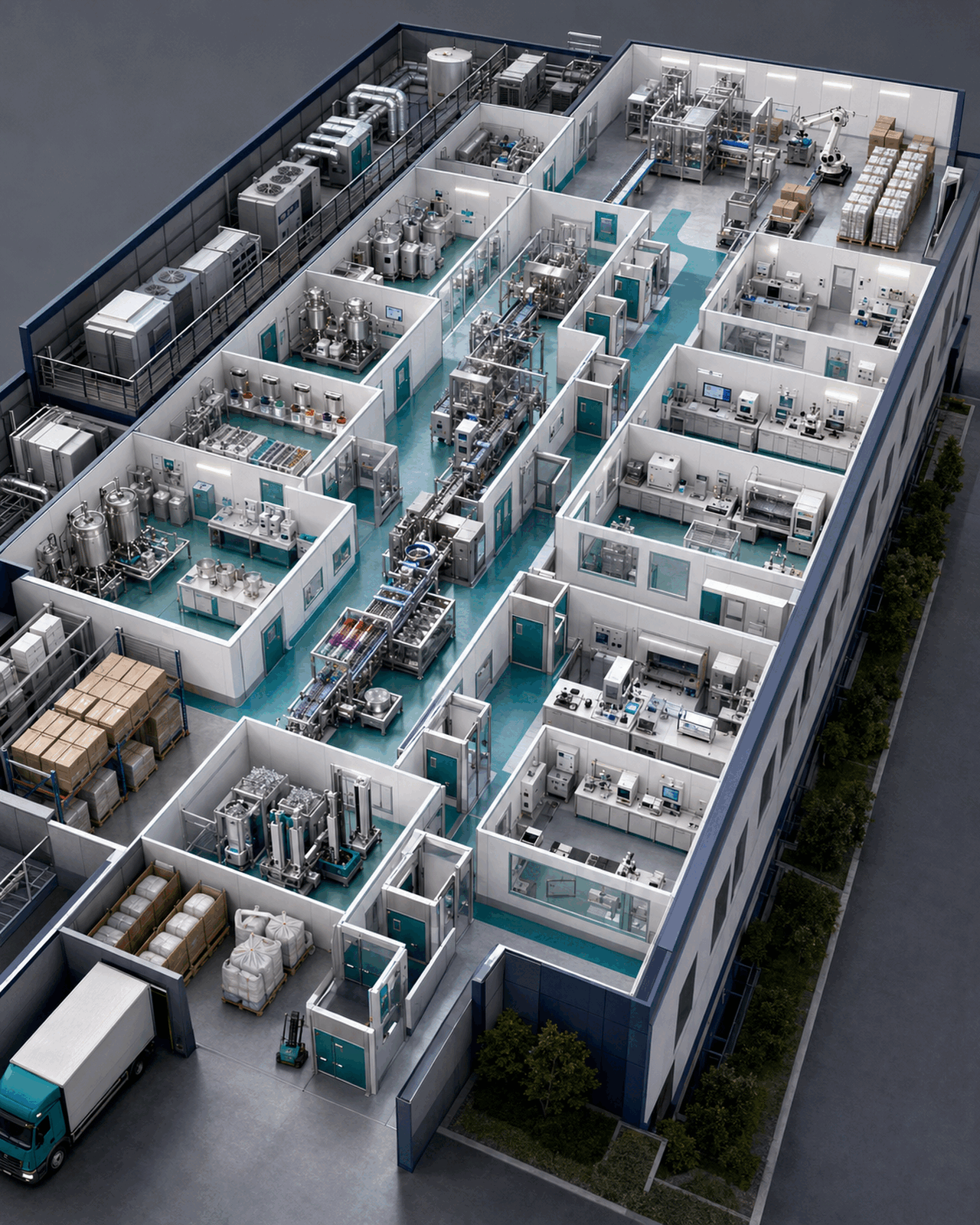 Isometric architectural layout concept for a blood collection tube factory with segregated formulation, dosing, drying, vacuum assembly, quality control, packaging, warehouse and utility zones
