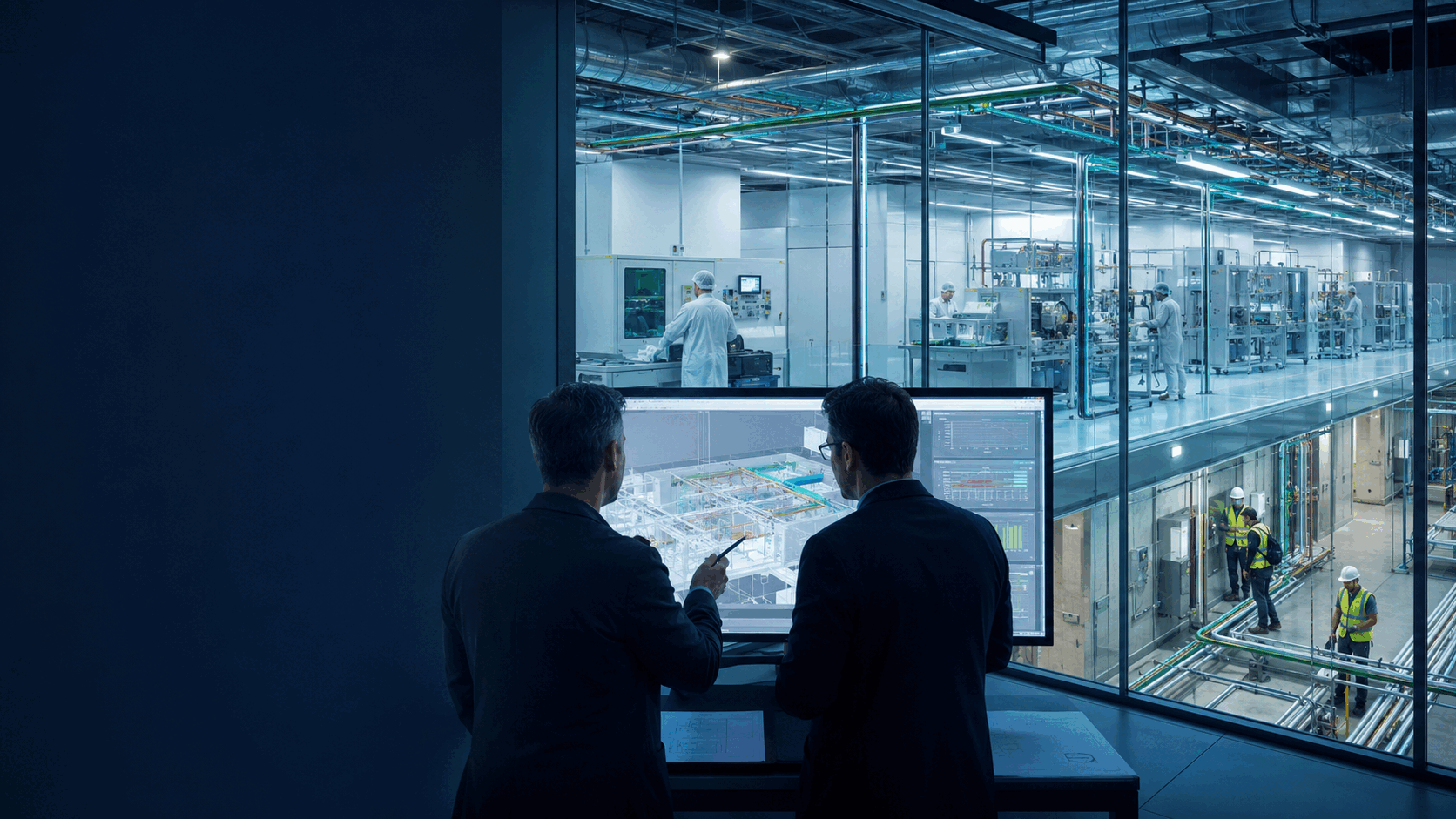 Healthcare project engineers coordinating cleanroom manufacturing infrastructure through a BIM delivery model
