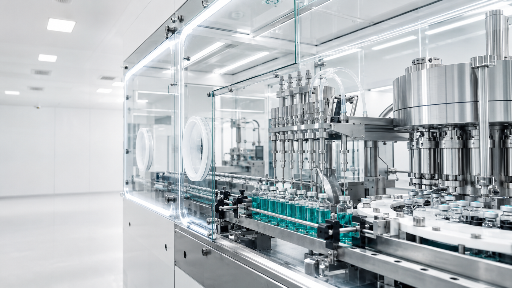 Aseptic vial and diagnostic reagent filling line inside an illuminated cleanroom isolator