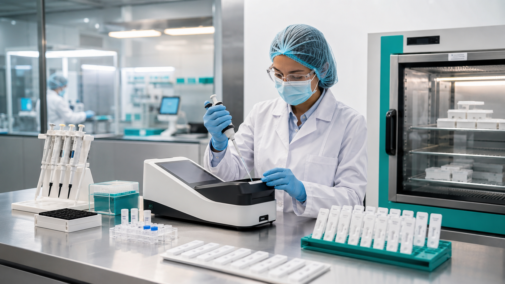 Rapid test quality control laboratory with strip reader pipettes and stability chamber