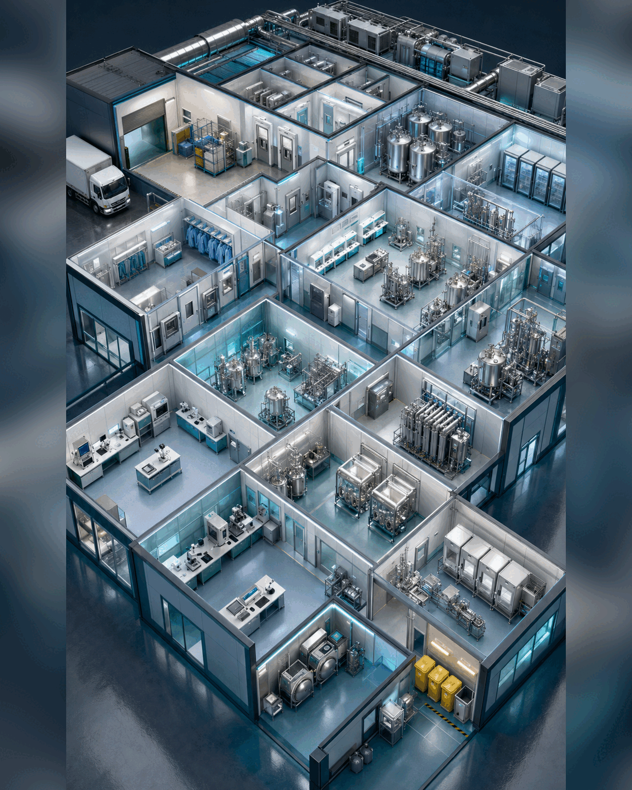 Isometric architectural layout concept for a stem-cell and exosome facility with segregated cell-bank, culture, downstream purification, aseptic filling, analytical quality control and cryostorage zones